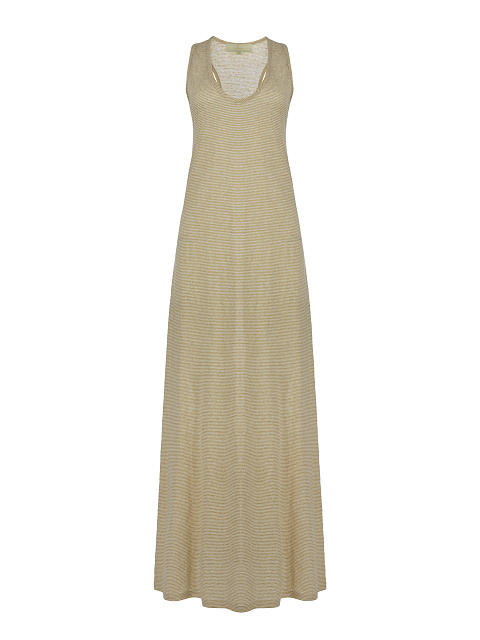 Beige Striped Linen Maxi Dress, 1