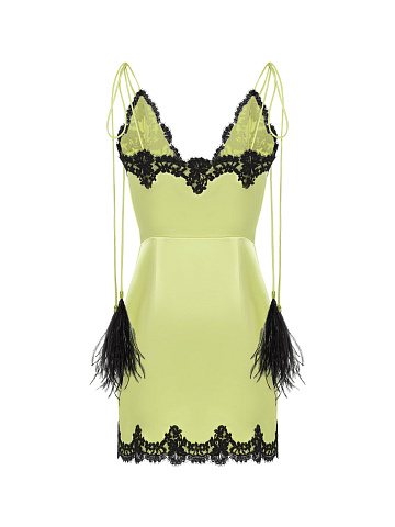 Light Green Silk Mini Dress With Black Lace, 2