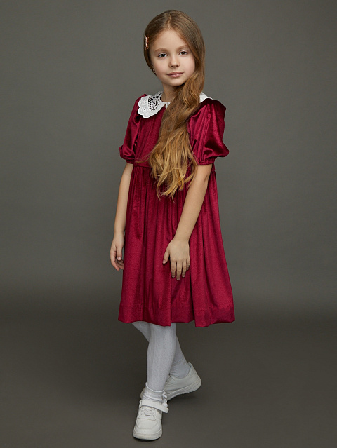 Bordeaux Lace Collar Velvet Girl's Dress, 1 Bordeaux Lace Collar Velvet Girl's Dress, 1