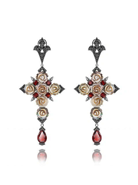 Mother of Pearl, Garnet Pear & Black Gold Earrings, 1