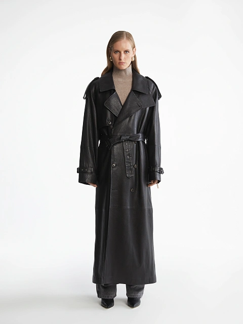 Black Textured Leather Trench Coat, 2 Black Textured Leather Trench Coat, 2