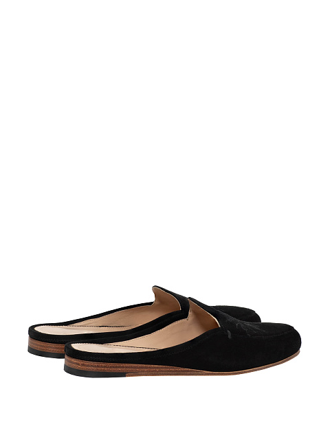 Black Suede Embroidered Mules, 3