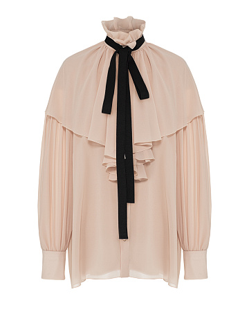 Beige chiffon blouse with ruffles and ribbon, 1