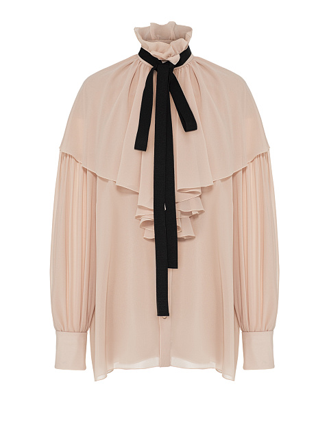 Beige chiffon blouse with ruffles and ribbon, 1