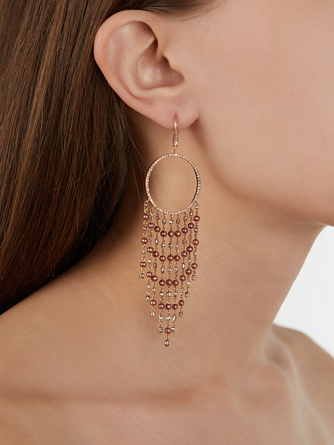 Rose Gold, Diamonds & Brown Pearls Hoop Earrings, 2
