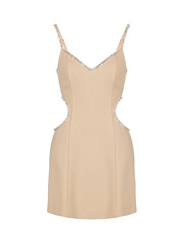 Crystals Embellished Beige Cut Out Mini Dress, 1