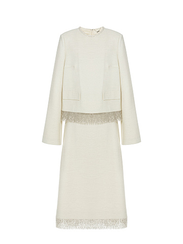 Milk-colored suit with jacket and midi skirt with beaded fringe, 1
