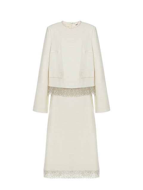 Milk-colored suit with jacket and midi skirt with beaded fringe, 1 Milk-colored suit with jacket and midi skirt with beaded fringe, 1