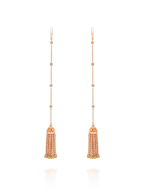 Rose gold tassel earrings with brown diamonds, 1