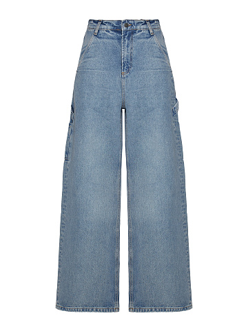 Wide light blue cotton jeans with fish embroidery, 1