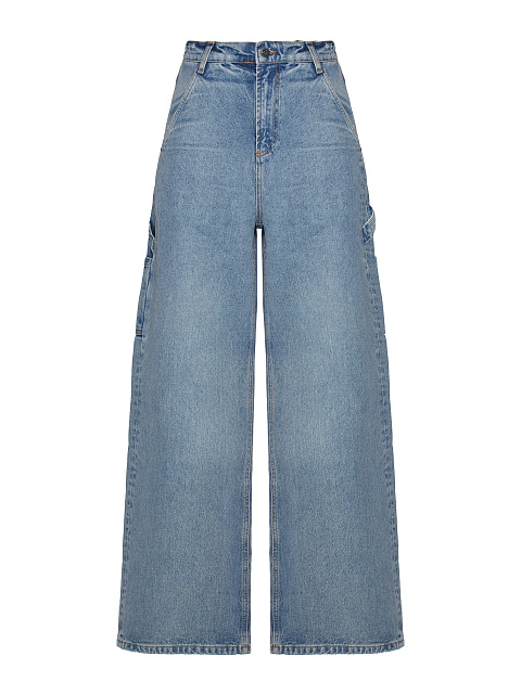 Wide light blue cotton jeans with fish embroidery, 1