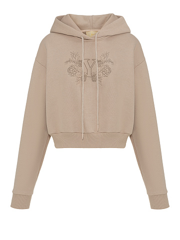 Cropped beige hoodie with embroidery, 1