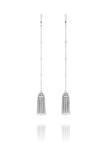 Round Diamond & Briolette Diamond & White Gold Tassel Earrings, 1