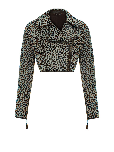 Leopard Printed Kangaroo Fur Cropped Biker Jacket, 1