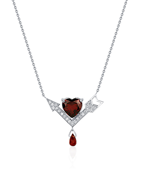 Heart Garnet, Round Diamond, Briolette Garnet & White Gold Necklace, 1