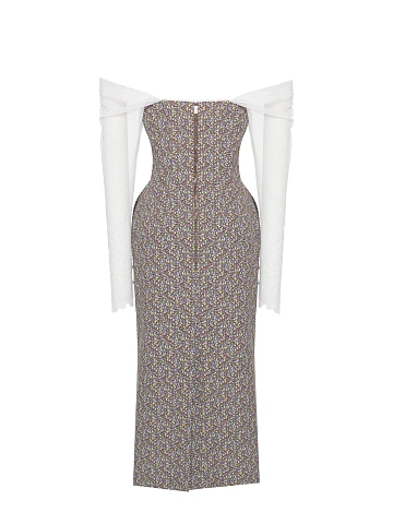 Cotton midi dress with floral print and lace sleeves, 2