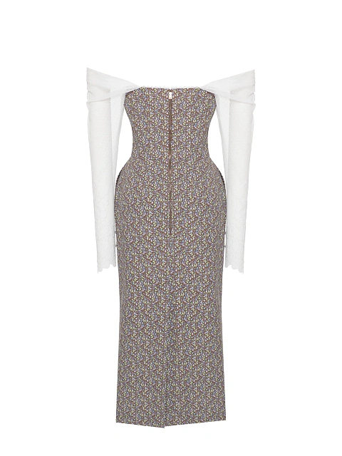 Cotton midi dress with floral print and lace sleeves, 2 Cotton midi dress with floral print and lace sleeves, 2