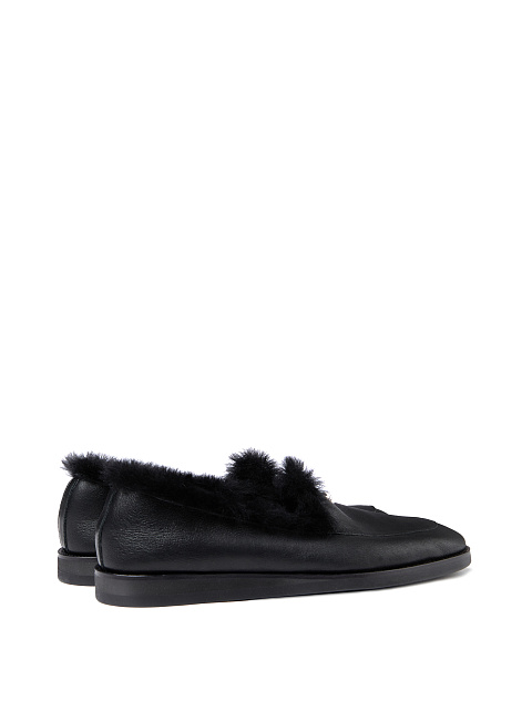 Black Leather Fur Trimmed Loafers, 3