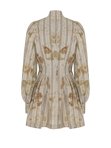 Beige Floral Print Linen Mini Dress, 2