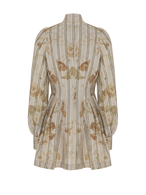 Beige Floral Print Linen Mini Dress, 2 Beige Floral Print Linen Mini Dress, 2