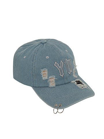 Light Blue Distressed Denim YD Cap With Rings, 1