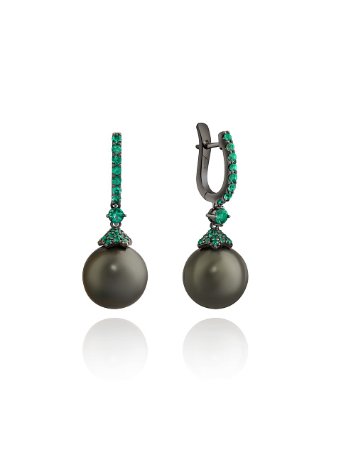 Blackened gold earrings with black pearls and emeralds, 1