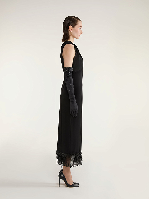 Black Off Shoulder Midi Dress with Fringe, 5