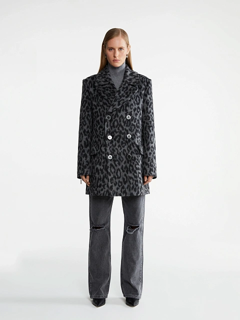 Grey short coat with leopard print, 2