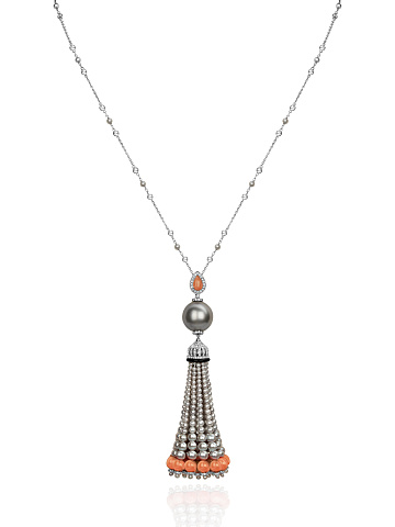 White Gold & Round Diamond & Pearl & Coral Tassel Necklace, 1