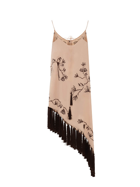 Beige Chiffon Mini Dress with Embroidery and Fringe, 2
