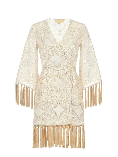 Light Beige Fringe Cotton Lace Wrap Dress, 1