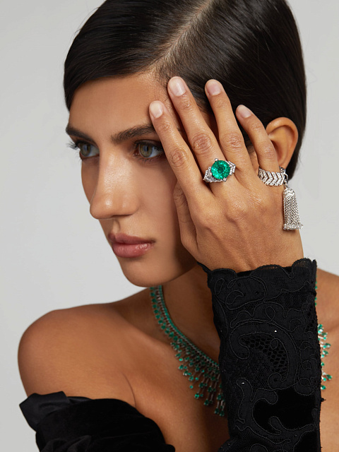 White Gold Emerald Diamond Ring, 7