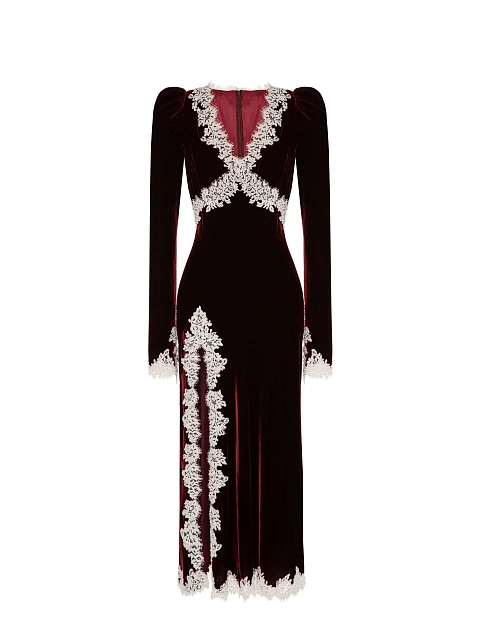 Burgundy velvet midi dress with white lace, 1 Burgundy velvet midi dress with white lace, 1