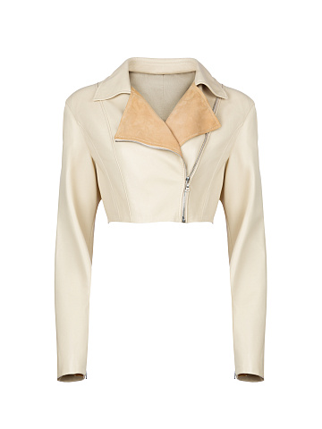 Embroidered Ivory Leather Cropped Biker Jacket, 1