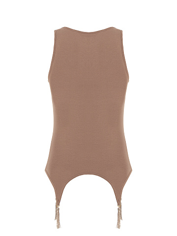 Beige Cotton Beaded Tassel Top, 2