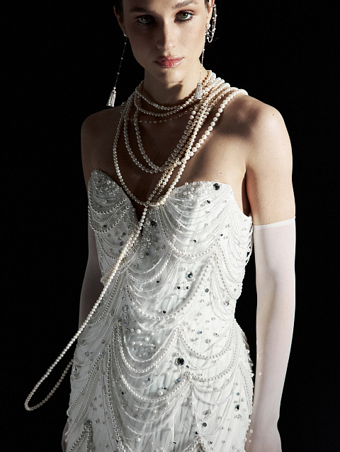 White Pearls & Rhinestones Silk Mini Dress, 2 White Pearls & Rhinestones Silk Mini Dress, 2