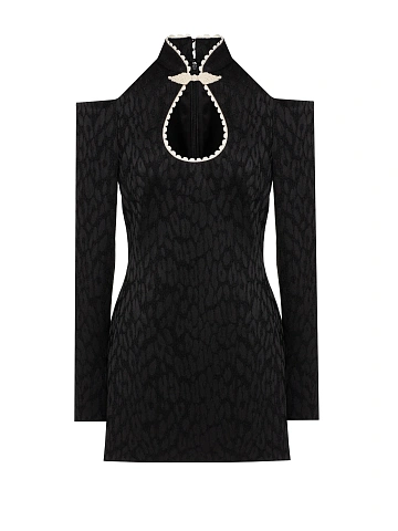 Black Leopard Pattern Jacquard Mini Dress, 1