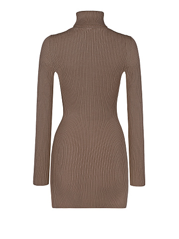 Brown Rib Knit Turtleneck Mini Dress, 2