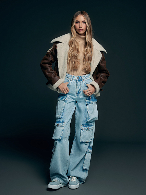 Light Blue Wide Leg Cargo Jeans, 6