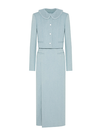 Light Blue Denim Midi Skirt Suit, 1