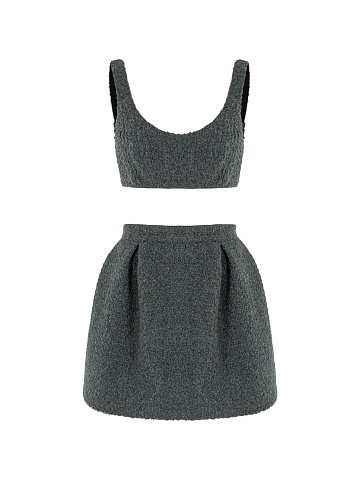 Grey Boucle Wool Top & Mini Skirt Set, 1
