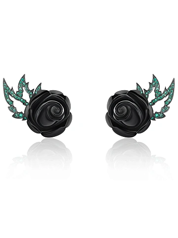 Oxidized gold stud earrings with emeralds and carved onyx roses, 1