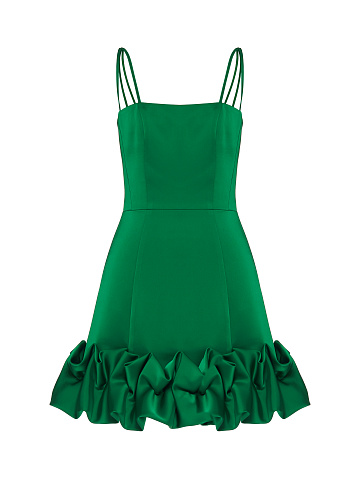 Emerald Green Satin Mini Dress With Puffs, 1