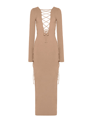 Beige Lace Up Jersey Maxi Dress, 1