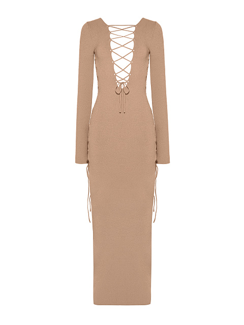 Beige Lace Up Jersey Maxi Dress, 1 Beige Lace Up Jersey Maxi Dress, 1