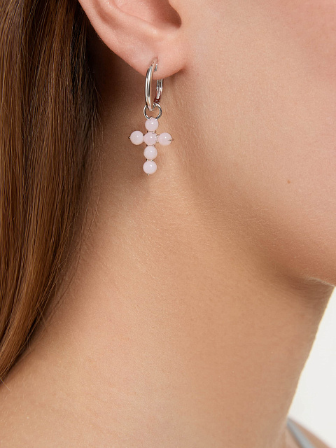 White gold hoops with cross pendants set with pink opal, 2