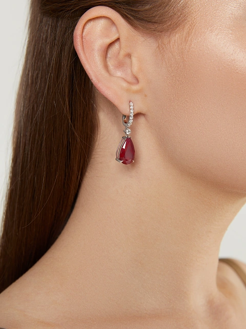White gold earrings with pear-cut rubies and round diamonds, 2