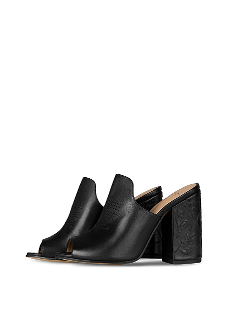 Black Leather Heeled Mules, 1