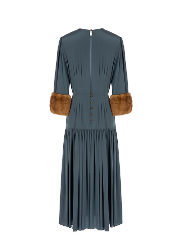 Dark Grey Silk Mink Fur Trim Midi Dress, 2