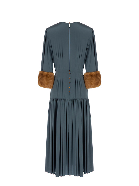 Dark Grey Silk Mink Fur Trim Midi Dress, 2